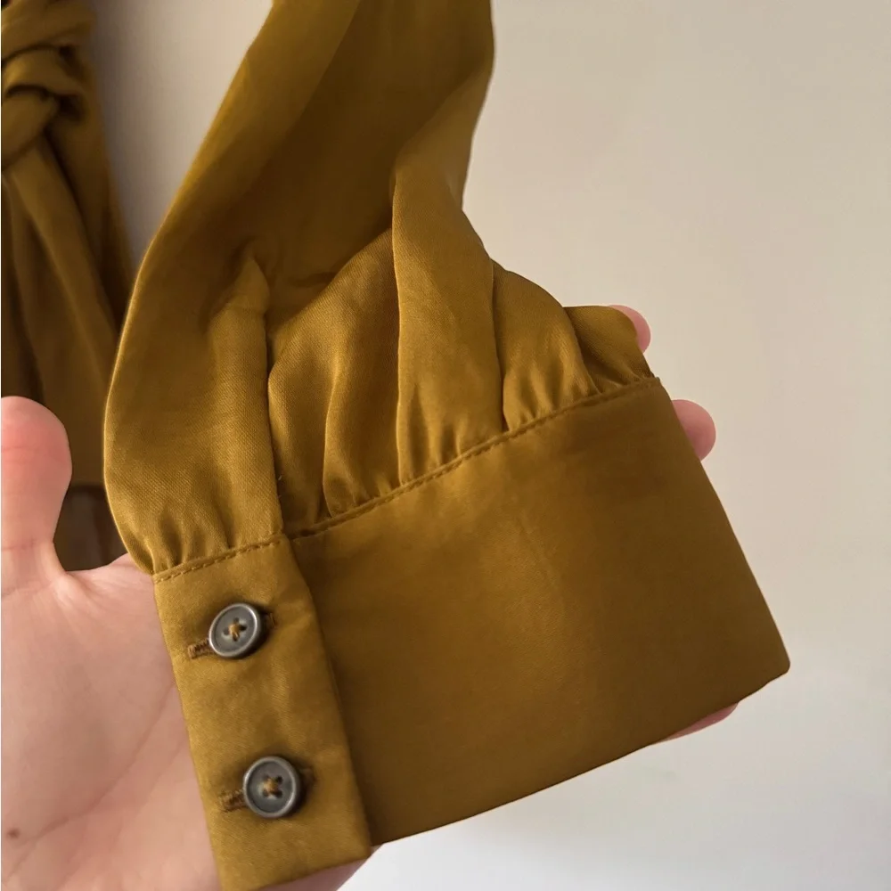 Anthropologie x Moulinette Soeurs Brynn Drapey Satin Faux Wrap Tie Brown Blouse - Picture 3 of 9